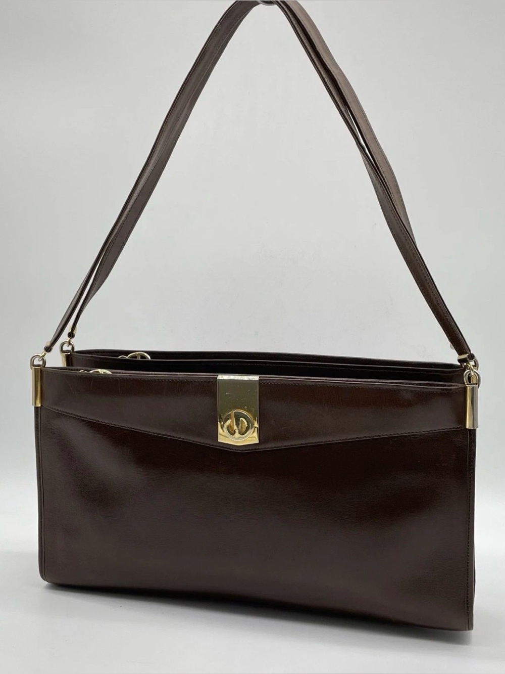 Vintage Christian Dior Brown Leather shoulder Bag, Gold Hardware, From 90s